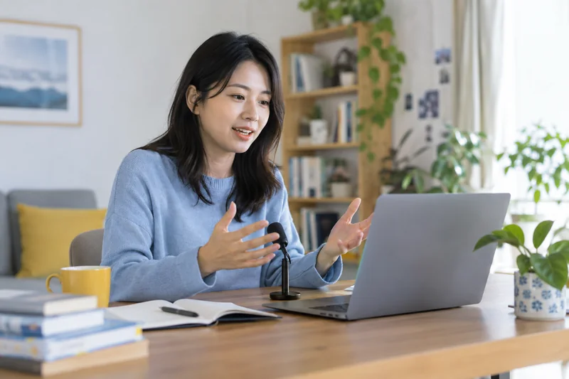 마이크 앞에서 말하기를 연습하는 학습자